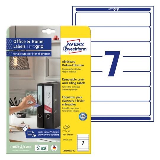 Slika pakiranja s listom naljepnica: Avery Zweckform naljepnice za registratore, uklonjive, kućni ured, malo pakiranje, artikl: L4760REV-10, format: 38 x 192 mm, pogodnost za ispis: inkjet, crno-bijeli laser, laserski u boji, sadržaj: 70 naljepnica / 10 listova, 7 naljepnica po listu.