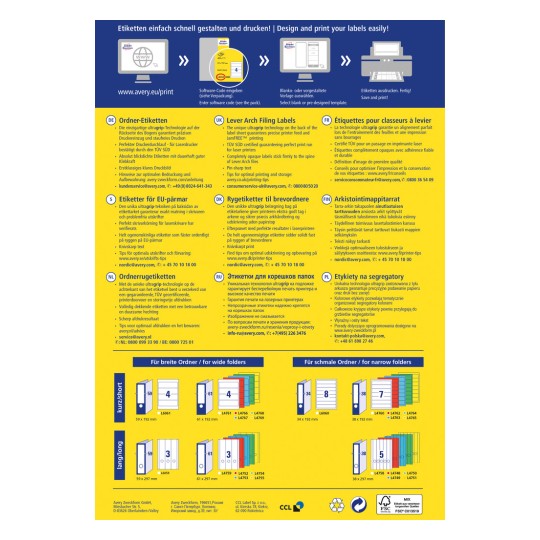 Slika prikazuje rješenja označavanja koja nudi Avery, detaljno opisuje različite vrste naljepnica za arhiviranje, njihove značajke i upute za ispis na više jezika.