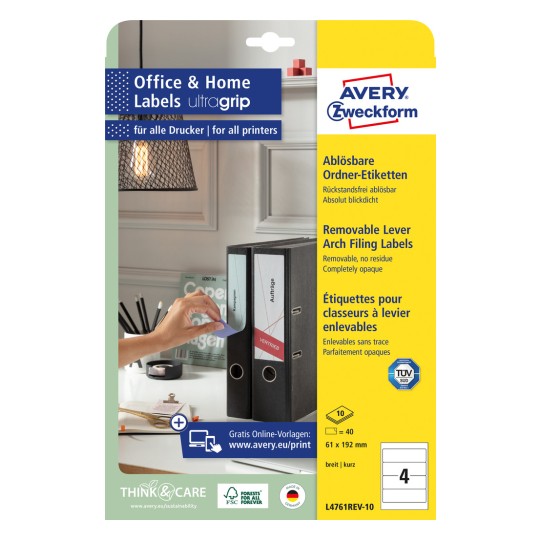 Slika pakiranja: Avery Zweckform etikete za registratore, odvojive, Artikl: L4761REV-10, Format: 61 x 192 mm, Pogodno za ispis: Inkjet, crno-bijeli laser, laserski u boji, Sadržaj: 40 etiketa / 10 listova, 4 etikete/ list.