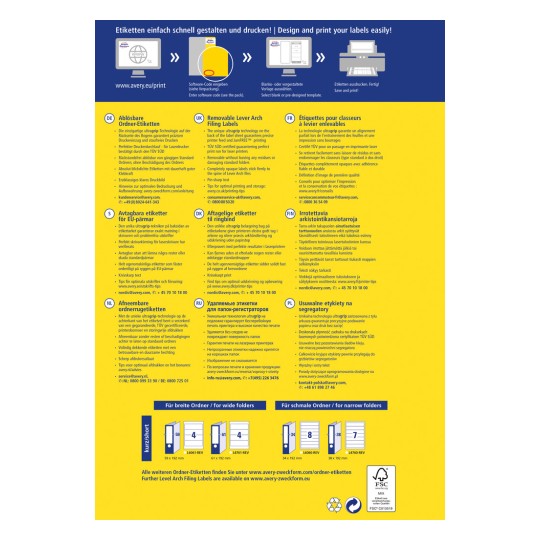 Slika je višejezični promotivni dokument o uklonjivim etiketama za registratore tvrtke Avery. Uključuje upute za dizajn, ispis i značajke proizvoda, predstavljen u raznim jezicima kao što su njemački, engleski, francuski i drugi. Etikete su dizajnirane za mape i nude prednosti poput uklanjanja bez ostataka.
