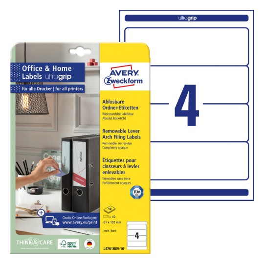 Slika pakiranja s listovima naljepnica: Avery Zweckform naljepnice za registratore, odvojive, kućni ured, malo pakiranje, artikl: L4761REV-10, format: 61 x 192 mm, pogodnost za ispis: Inkjet, crno-bijeli laser, laserski pisač u boji, sadržaj: 40 naljepnica / 10 listova, 4 naljepnice/ploha?