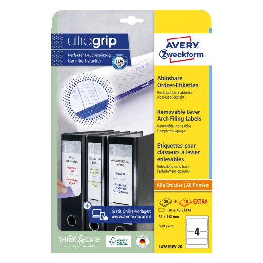 Slika pakiranja: Avery Zweckform naljepnice za registratore, odstranljive, Artikl: L4761REV-20, Format: 61 x 192 mm, Prikladnost za ispis: Inkjet, laserski crno-bijeli, laserski u boji, Sadržaj: 120 naljepnica / 30 listova, 4 naljepnice/ list?