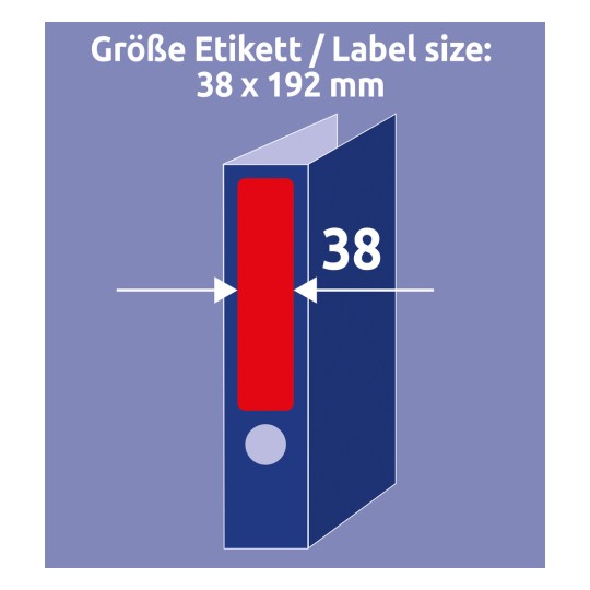 Usporedba veličine s rukom, Artikl: L4762-20, jedan list oznaka za registratore, Format: 38 x 192 mm, Boja: Crvena?