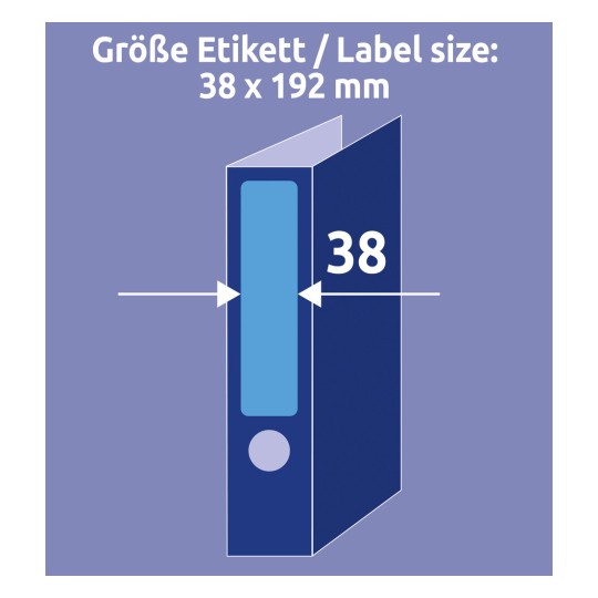 Usporedba veličine s rukom, Artikl: L4763-20, jedan list naljepnica za registratore, format: 38 x 192 mm, boja: plava?