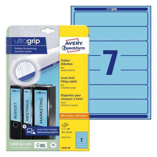 Slika pakiranja s listom etiketa: Avery Zweckform naljepnice za registratore, artikl: L4763-20, format: 38 x 192 mm, pogodnost za ispis: Inkjet, crno-bijeli laser, laserski pisač u boji, sadržaj: 140 naljepnica / 20 listova, 7 naljepnica/listu.