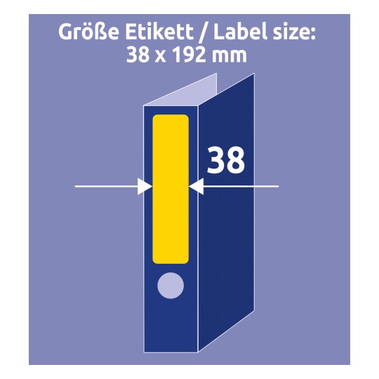 Usporedba veličine s rukom, Artikal: L4765-20, list naljepnica za registrator, format: 38 x 192 mm, boja: žuta?
