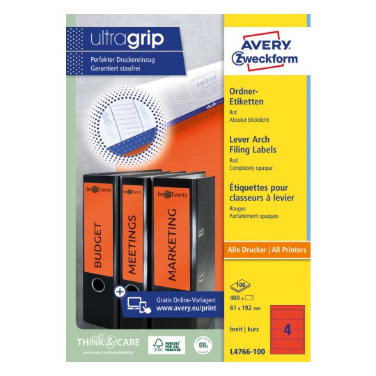 Slika pakiranja: Avery Zweckform naljepnice za registratore, Artikl: L4766-100, Format: 61 x 192 mm, Pogodno za ispis: Inkjet, laserski crno/bijelo, laserski u boji, Sadržaj: 400 naljepnica / 100 listova, 4 naljepnice po listu.