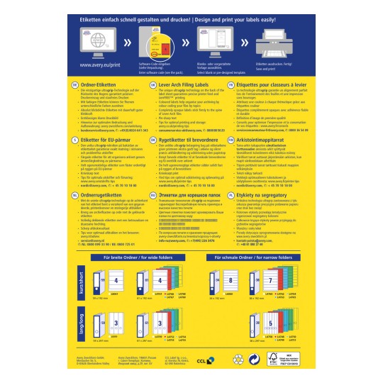 Informativni letak o Avery proizvodima za dizajniranje i ispis naljepnica. Uključuje višejezične upute i šifre proizvoda za različite veličine naljepnica za organiziranje mapa.
