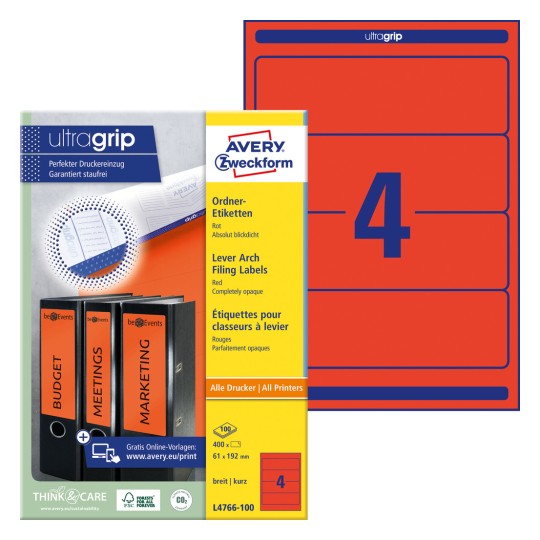Slika pakiranja s listom etiketa: Avery Zweckform oznake za registratore, artikl: L4766-100, format: 61 x 192 mm, prikladno za ispis: inkjet, crno-bijeli laser, laserski pisač u boji, sadržaj: 400 etiketa / 100 listova, 4 etikete po listu.