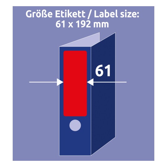Usporedba veličine s rukom, Artikl: L4766-20, jedan list naljepnica za registratore, format: 61 x 192 mm, boja: crvena.