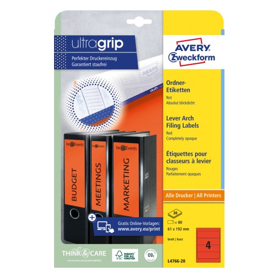 Slika pakiranja: Avery Zweckform naljepnice za registratore, Artikl: L4766-20, Format: 61 x 192 mm, Prikladno za ispis: Inkjet, crno-bijeli laserski, laserski u boji, Sadržaj: 80 naljepnica / 20 listova, 4 naljepnice/list?