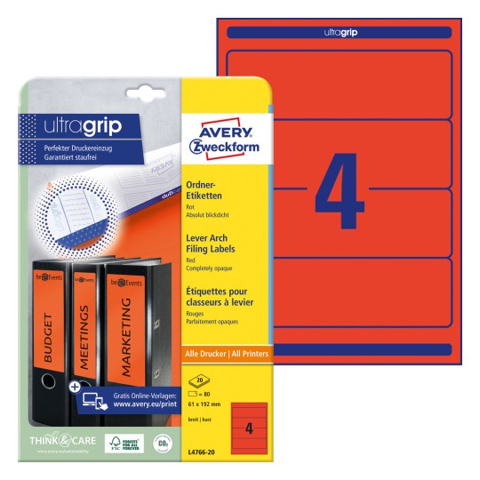 Slika pakiranja s listom etiketa: Avery Zweckform etikete za mape, Artikl: L4766-20, Format: 61 x 192 mm, Pogodnost za tisk: Inkjet, crno-bijeli laser, laserski u boji, Sadržaj: 80 etiketa / 20 listova, 4 etikete/list?