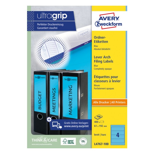 Slika pakiranja: Avery Zweckform naljepnice za registratore, Artikal: L4767-100, Format: 61 x 192 mm, Prikladnost za ispis: Inkjet, laserski crno-bijeli i u boji, Sadržaj: 400 naljepnica / 100 listova, 4 naljepnice po listu.