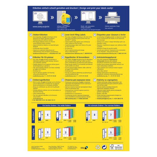 Slika je promotivni letak za Averyjeve naljepnice za registratore, koji detaljno opisuje značajke, savjete i kontakt informacije na više jezika. Uključuje vizuale dizajna naljepnica za različite veličine mapa i naglašava jednostavno dizajniranje i ispisivanje.