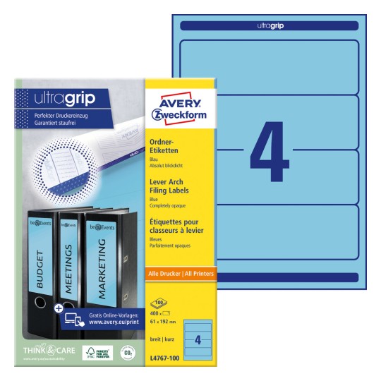 Slika pakiranja s etiketama: Avery Zweckform etikete za registratore, Artikl: L4767-100, Format: 61 x 192 mm, Pogodnost za ispis: Inkjet, Crno-bijeli laser, Šareni laser, Sadržaj: 400 etiketa / 100 listova, 4 etikete/list?