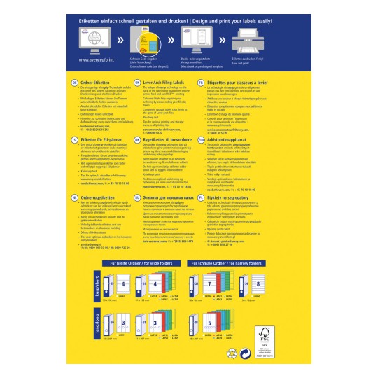 Slika prikazuje šareni oglas za Avery etikete za ispis. Uključuje razne jezike i upute za ispis i korištenje etiketa za organizaciju, posebno za arhiviranje u registratorima. Vizualni primjeri veličina etiketa prikazani su na dnu.