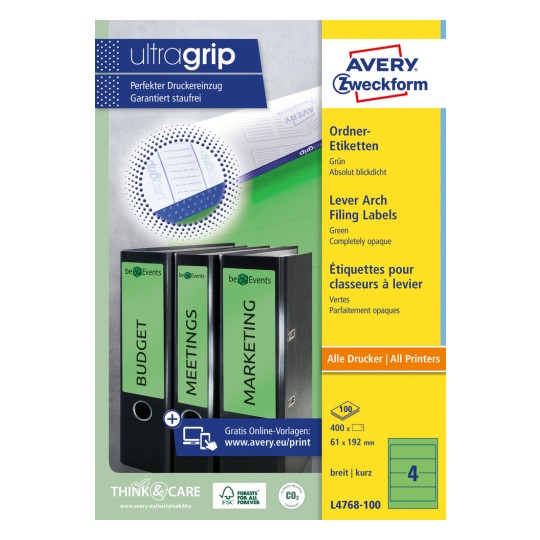 Slika pakiranja: Avery Zweckform naljepnice za registratore, Artikl: L4768-100, Format: 61 x 192 mm, Pogodnost za ispis: Inkjet, laserski pisač crno-bijelo, laserski pisač u boji, Sadržaj: 400 naljepnica / 100 listova, 4 naljepnice/list?