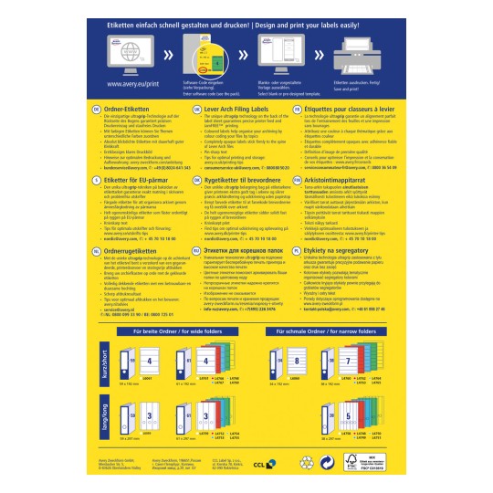 Slika je informativna grafika o dizajniranju i tiskanju naljepnica, sadrži upute na više jezika, uključujući detalje o vrstama naljepnica za različite veličine mapa i savjete za optimalnu upotrebu.