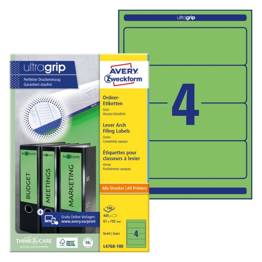 Pakiranje s listom naljepnica: Avery Zweckform naljepnice za registatore, Artikl: L4768-100, Format: 61 x 192 mm, Pogodno za ispis: Inkjet, laserski crno-bijeli, laserski u boji, Sadržaj: 400 naljepnica / 100 listova, 4 naljepnice/listu.