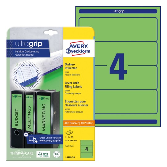 Slika pakiranja s listom etiketa: Avery Zweckform etikete za registratore, Artikl: L4768-20, format: 61 x 192 mm, pogodnost tiska: inkjet, crno-bijeli laser, kolor laser, sadržaj: 80 etiketa / 20 listova, 4 etikete/listu.