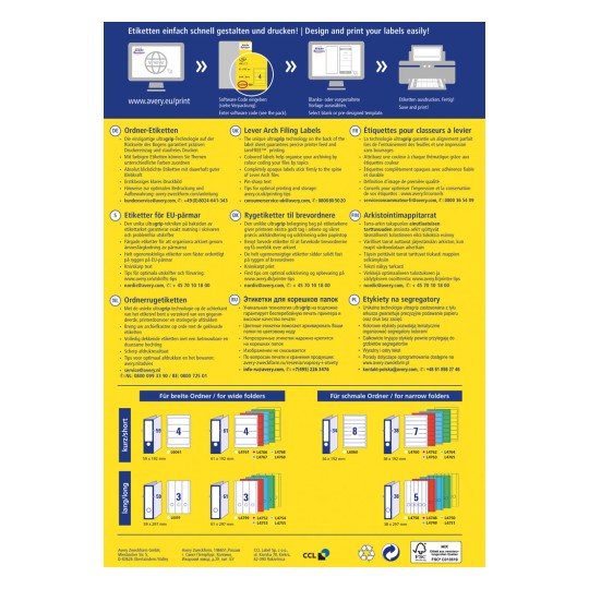 Slika je informativni grafički prikaz o dizajniranju i ispisivanju naljepnica za registratore s polugom. Uključuje različite sekcije na više jezika koje detaljno opisuju proces tiskanja, savjete i dostupne formate naljepnica, zajedno s kontaktnim informacijama za korisničku podršku.