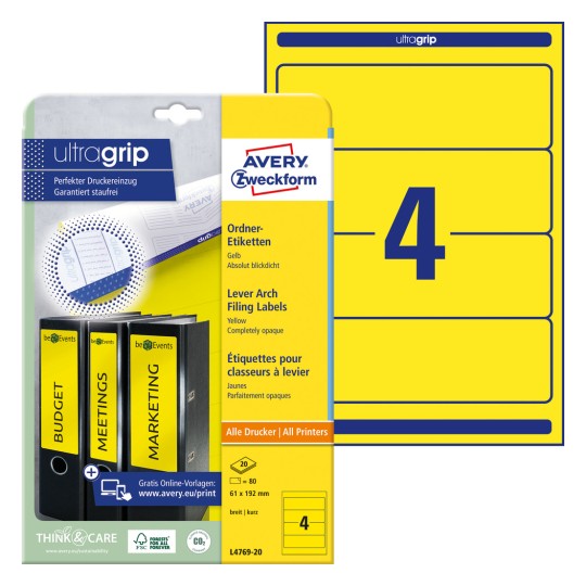 Slika paketa s listovima naljepnica: Avery Zweckform naljepnice za registratore, artikl: L4769-20, format: 61 x 192 mm, prikladno za ispis na: inkjet, crno-bijelom laserskom pisaču, laserskom pisaču u boji, sadržaj: 80 naljepnica / 20 listova, 4 naljepnice/list.