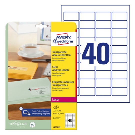Slika pakiranja s listom naljepnica: Avery Zweckform adrese, Članak: L4770-25, Format: 45,7 x 25,4 mm, Pogodno za pisače: laserski crno/bijeli, laserski u boji, Sadržaj: 1.000 naljepnica / 25 listova, 40 naljepnica/ list.