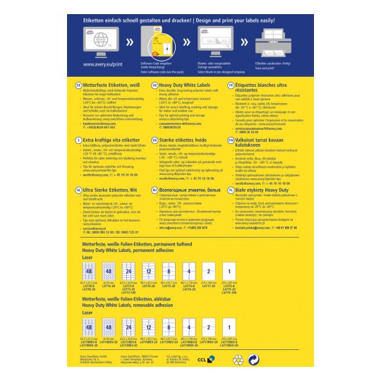 Slika prikazuje različite oznake od Averyja, s detaljima o specifikacijama, savjetima za uporabu i različitim vrstama oznaka, sve prikazano na više jezika.