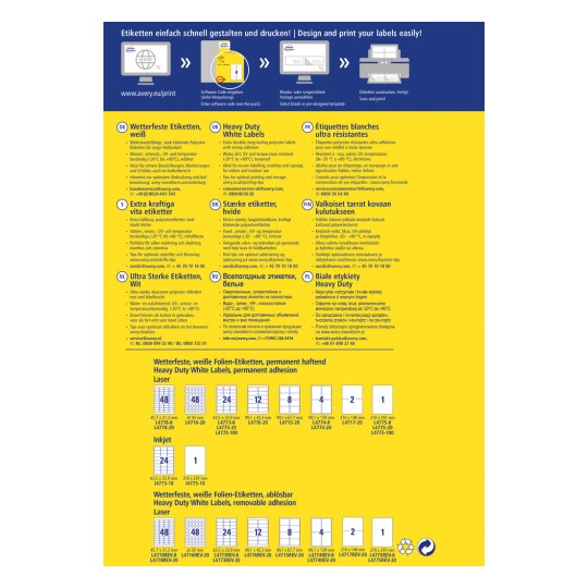 Slika sadrži informacije o raznim vrstama Avery naljepnica, uključujući detalje o njihovim značajkama, primjenama i specifikacijama na više jezika. Prikazuje različite veličine i vrste naljepnica kao što su otporne na vremenske uvjete, izdržljive i uklonjive naljepnice, zajedno s kontakt informacijama za korisničku službu.