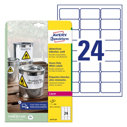 Pakiranje s listom etiketa: Avery Zweckform vremenski otporne folijske etikete, artikl: L4773-20, format: 63,5 x 33,9 mm, prikladno za ispis: crno-bijeli laser, laserski kolor pisač, sadržaj: 480 etiketa / 20 listova, 24 etikete po listu.