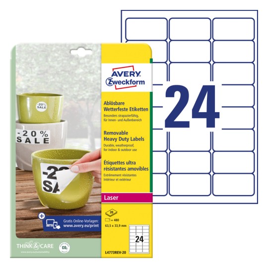 Slika pakiranja s listom etiketa: Avery Zweckform otporne na vremenske uvjete etikete, odvojive, artikal: L4773REV-20, format: 63,5 x 33,9 mm, pogodnost za ispis: Laser crno-bijeli, laserski u boji, sadržaj: 480 etiketa / 20 listova, 24 etikete/list?
