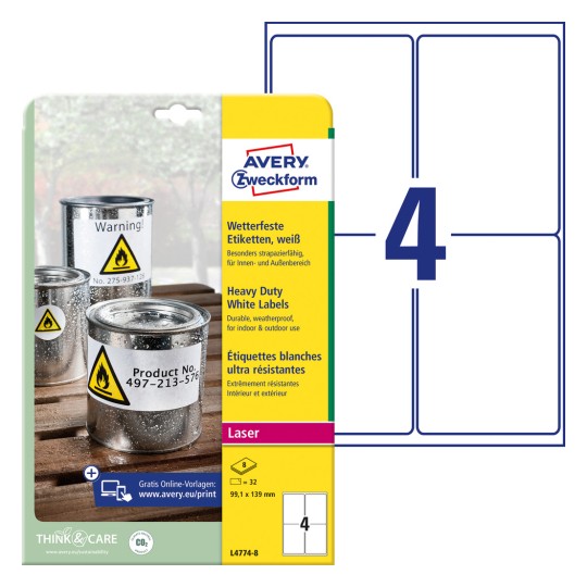 Slika pakiranja s listom etiketa: Avery Zweckform Vodootporne folijske etikete, Artikl: L4774-8, Format: 99,1 x 139 mm, Pogodnost za ispis: Crno-bijeli laser, kolor laser, Sadržaj: 32 etikete / 8 listova, 4 etikete/list?