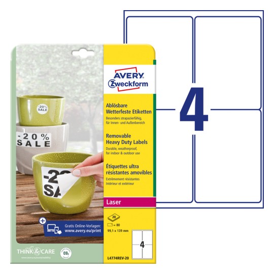Slika pakiranja s listom naljepnica: Avery Zweckform vremenski otporne naljepnice, odljepljive, artikl: L4774REV-20, format: 99,1 x 139 mm, prikladno za ispis: crno-bijeli laser, laserski pisač u boji, sadržaj: 80 naljepnica / 20 listova, 4 naljepnice/listu.