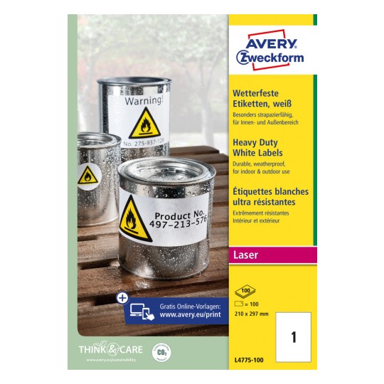 Slika pakiranja: Avery Zweckform vodootporne folijske naljepnice za laserske pisače, artikl: L4775-100, format: 210 x 297 mm, prikladnost za ispis: laserski crno-bijelo, laserski u boji, sadržaj: 100 naljepnica / 100 listova, 1 naljepnica/ list?