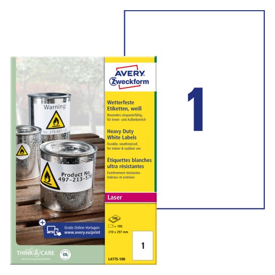 Slik pakiranja s listom etiketa: Avery Zweckform vodootporne folijske naljepnice, Artikl: L4775-100, Format: 210 x 297 mm, Pogodnost za ispis: Crno-bijeli laser, laserski u boji, Sadržaj: 100 naljepnica / 100 listova, 1 naljepnica/list?