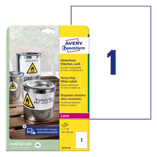 Slika pakiranja s listom naljepnica: Avery Zweckform vremenski otporne folijske naljepnice, Artikl: L4775-20, Format: 210 x 297 mm, Pogodnost za tiskanje: Crno-bijeli laser, laserski u boji, Sadržaj: 20 naljepnica / 20 listova, 1 naljepnica/ list?