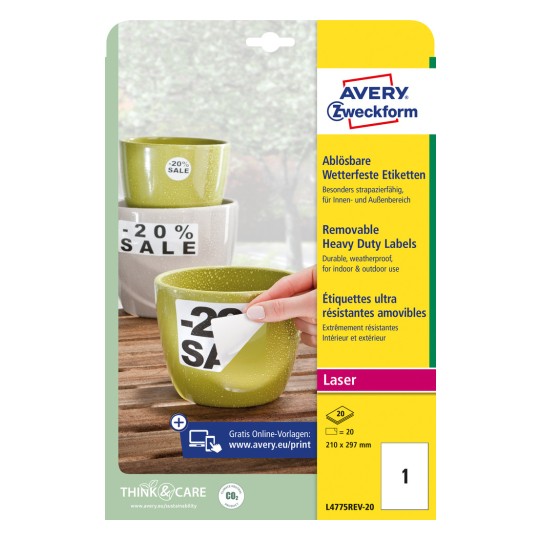 Slika pakiranja: Avery Zweckform Vodootporne folijske naljepnice, odvojive, artikl: L4775REV-20, format: 210 x 297 mm, prikladno za pisače: crno-bijeli laser, laserski u boji, sadržaj: 20 naljepnica / 20 listova, 1 naljepnica/list?