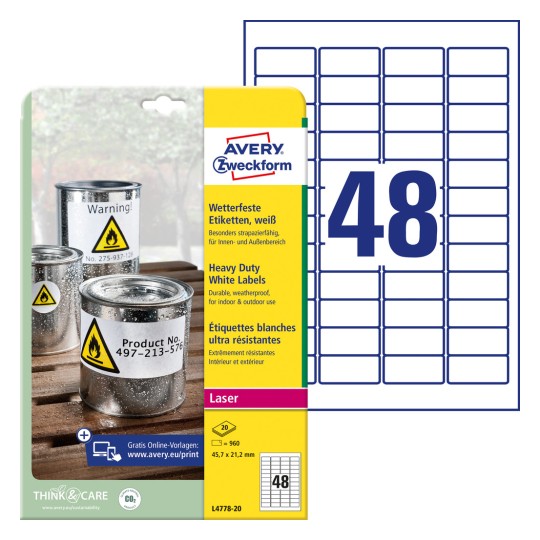 Slika pakiranja s listom naljepnica: Avery Zweckform Vremenski otporne folijske naljepnice, Artikl: L4778-20, Format: 45,7 x 21,2 mm, Prikladno za ispis: Laserski crno/bijeli, kolor laser, Sadržaj: 960 naljepnica / 20 listova, 48 naljepnica/list?