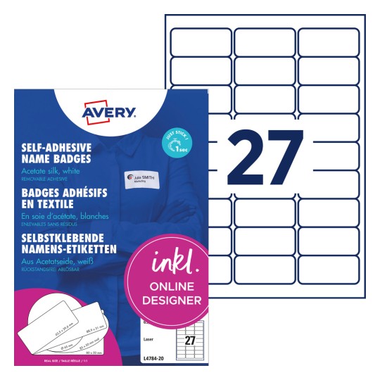 Slika pakiranja s listom naljepnica: Avery Zweckform naljepnice s imenima, artikl: L4784-20, format: 63,5 x 29,6 mm, prikladnost za ispis: crno-bijeli laser, laserski u boji, sadržaj: 540 naljepnica / 20 listova.