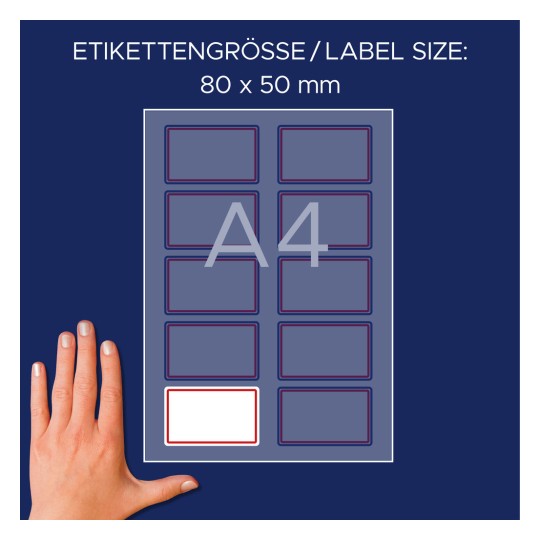 Usporedba veličine s rukom, Artikl: L4786-20, jedan list etiketa s imenima, format: 80 x 50 mm, boja: bijela, crvena?