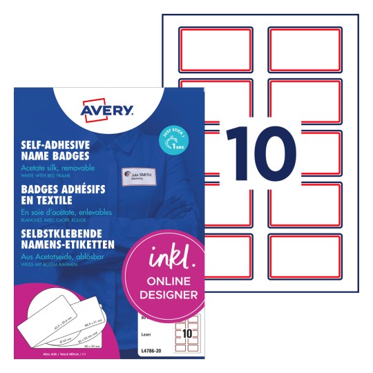 Slika pakiranja s listom naljepnica: Avery Zweckform naljepnice s imenima, Artikl: L4786-20, Format: 80 x 50 mm, Prikladno za ispis: laser crno-bijeli, laserski u boji, Sadržaj: 200 naljepnica / 20 listova, /lista?