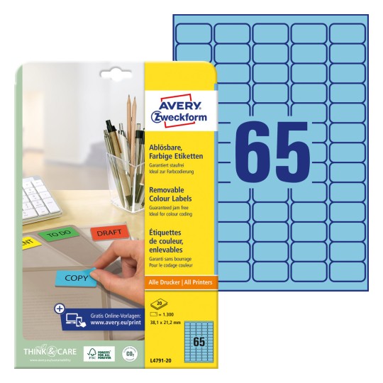 Slika pakiranja s listom naljepnica: Avery Zweckform Šarene naljepnice, uklonjive, Artikl: L4791-20, Format: 38,1 x 21,2 mm, Pogodno za: Inkjet, Laser crno-bijeli, Laserski u boji, Sadržaj: 1.300 naljepnica / 20 listova, 65 naljepnica/ list?