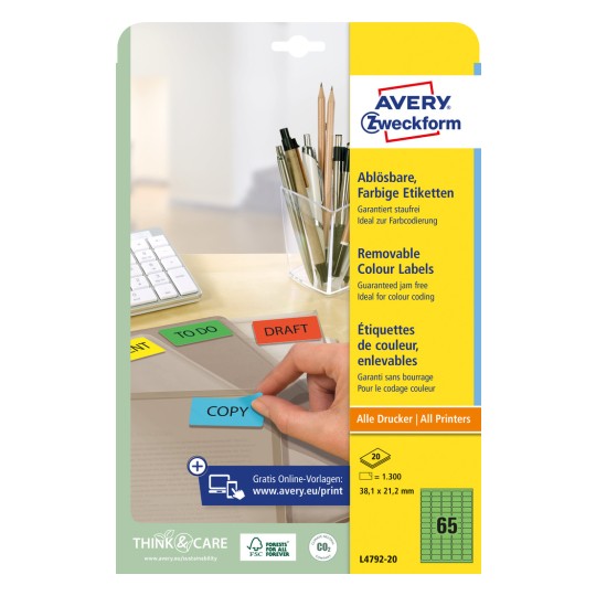 Slikovna oznaka pakiranja: Avery Zweckform Obojene organizacijske naljepnice, odvojive, Artikl: L4792-20, Format: 38,1 x 21,2 mm, Pogodnost za tisak: Inkjet, Crno-bijeli laser, Laser u boji, Sadržaj: 1.300 naljepnica / 20 listova, 65 naljepnica/listu.