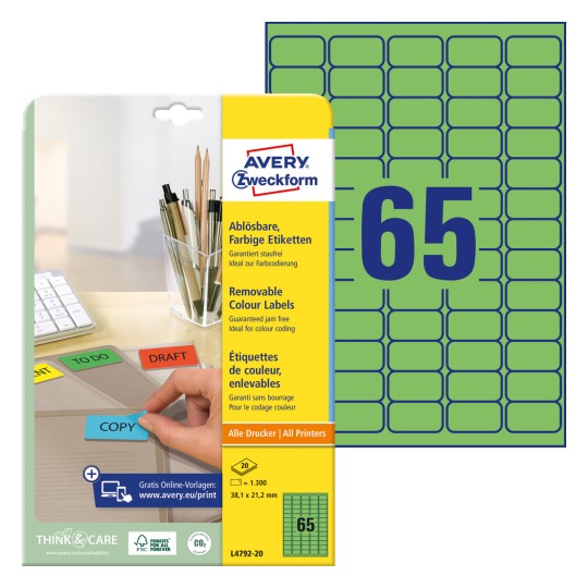 Slika pakiranja s listovima naljepnica: Avery Zweckform obojene naljepnice, uklonjive, artikl: L4792-20, format: 38,1 x 21,2 mm, prikladnost za tiskanje: inkjet, laserski crno-bijelo, laserski u boji, sadržaj: 1.300 naljepnica / 20 listova, 65 naljepnica/list.