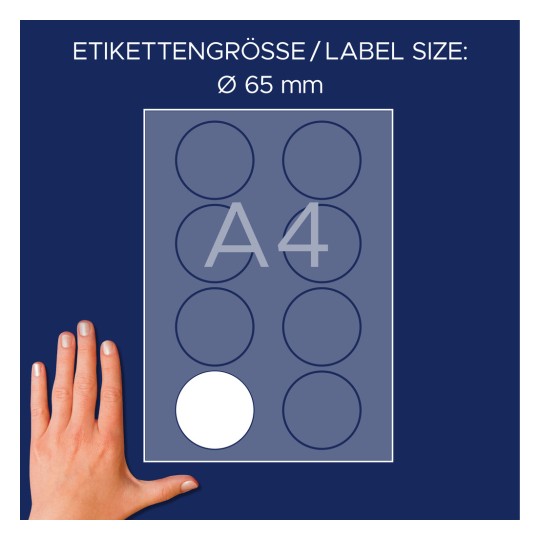 Usporedba veličine s rukom, Artikl: L4881-20, jedan list naljepnica s imenima, Format: ⌀ 65 mm, Boja: Bijela?