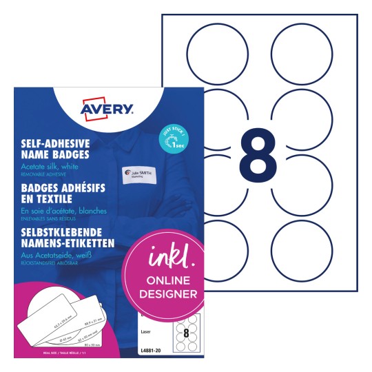 Slika pakiranja s listom naljepnica: Avery Zweckform imenske naljepnice, artikl: L4881-20, format: ⌀ 65 mm, pogodnost za ispis: crno-bijeli laser, laserski u boji, sadržaj: 160 naljepnica / 20 listova, /list?