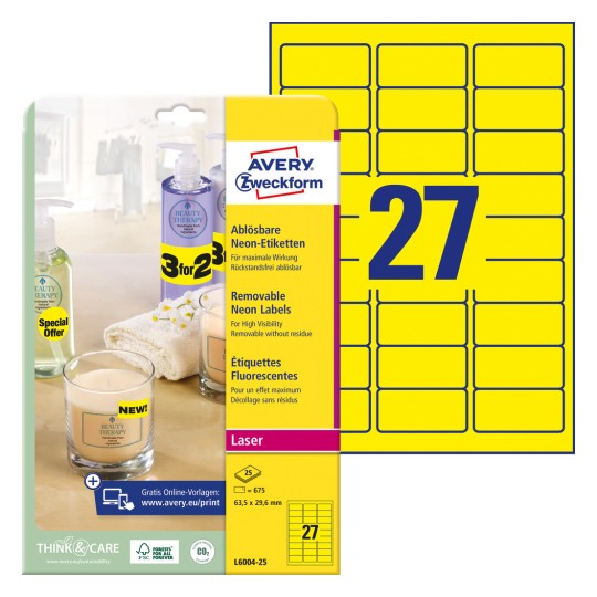 Pakiranje sa listom naljepnica: Avery Zweckform naljepnice u posebnim bojama, Artikl: L6004-25, Format: 63,5 x 29,6 mm, Prikladno za ispisač: Laserski crno-bijeli, laserski u boji, Sadržaj: 675 naljepnica / 25 listova, 27 naljepnica/list?