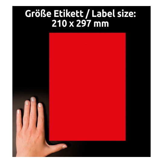 Usporedba veličine s rukom, artikl: L6005-25, 1 list etiketa u posebnim bojama, format: 210 x 297 mm, boja: neonska crvena.