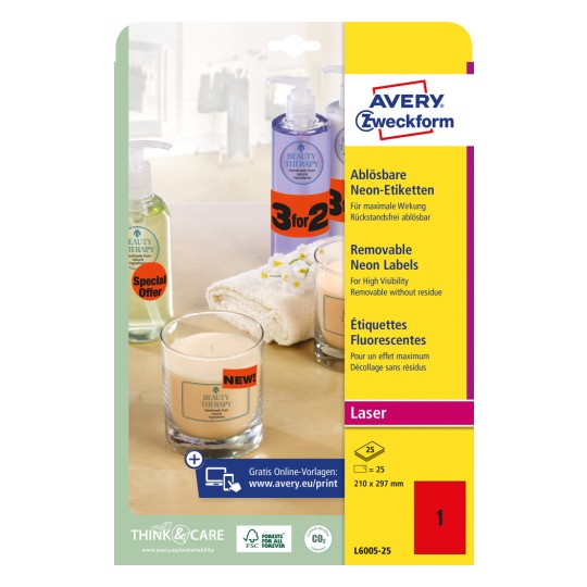 Slika pakiranja: Avery Zweckform neonske naljepnice, artikal: L6005-25, format: 210 x 297 mm, prikladno za ispis: laser crno-bijeli, laserski u boji, sadržaj: 25 naljepnica / 25 listova, 1 naljepnica/list?