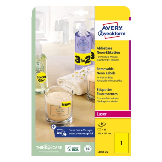Slika pakiranja: Avery Zweckform Neon-etikete, Artikl: L6006-25, Format: 210 x 297 mm, Pogodnost za ispis: Laserski crno-bijelo, Laserski u boji, Sadržaj: 25 etiketa / 25 listova, 1 etiketa/list?